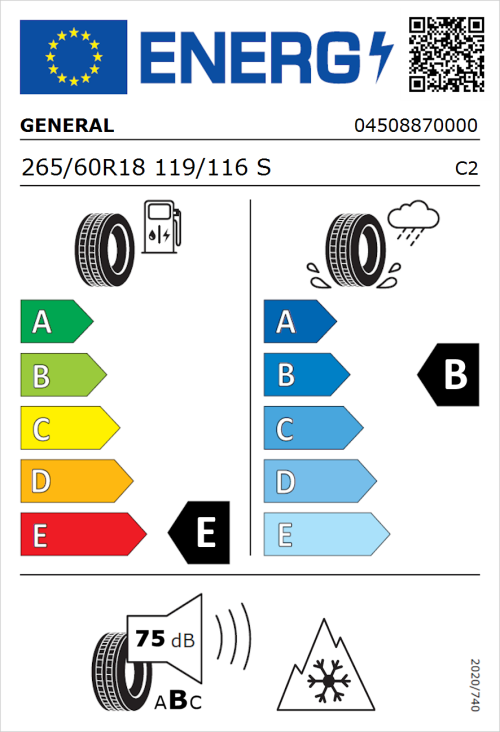 Tyre Label for General Grabber AT 3 265/60R18 119/116S