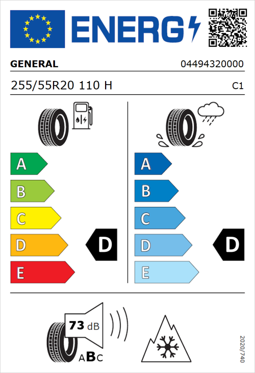 Tyre Label for General Grabber AT 3 255/55R20 110H
